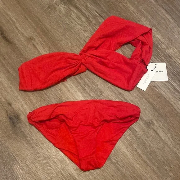 Marysia Venice Bow Bikini Set Poppy Red Top and Bottom - Picture 2 of 5